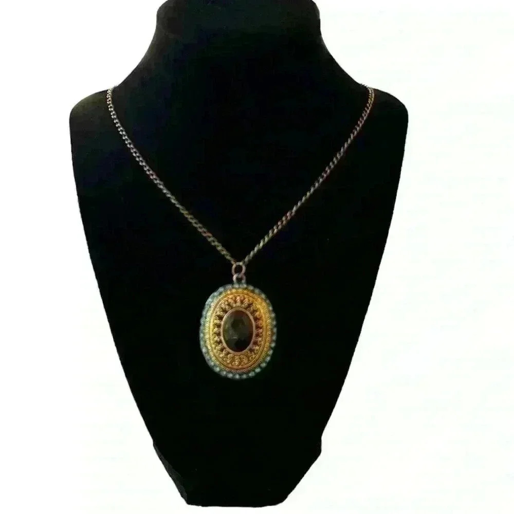 Statement Necklace in Turquoise Gems and Brass Design Deep Purple Gem